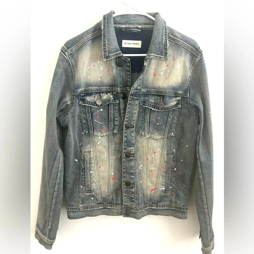 Blind Trust Denim Jacket Men 32 Paint Splattered Button Up Faded Slim